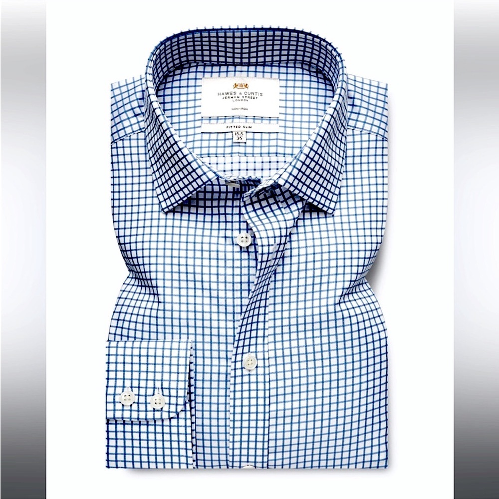 NWOT Hawes & Curtis Navy Blue Plaid Button Down Men’s Shirt size 15.5